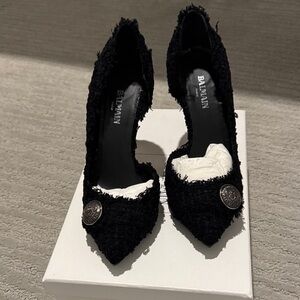 Balmain Tweed/ Textured Black Heels with Silver Button - Size 39